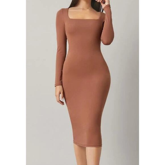 SHEIN Dresses & Skirts - Shein Basics Square Neck Bodycon Midi Long Sleeve Brown Dress - XL